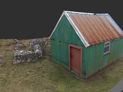 European Style Architecture With Green Walls Red Door And Rusted Metal Roof In Grassland 3d model