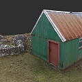 European Style Architecture With Green Walls Red Door And Rusted Metal Roof In Grassland