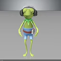 Anthropomorphic Green Frog Character Wearing Headphones Blue Shorts Red Belt And ID Card On Waist