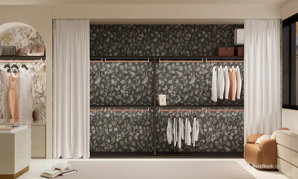 Modern Wardrobe With Leaf Patterned Panels Hanging Rods And White Pink Garments 3d model 
