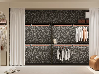 Modern Wardrobe With Leaf Patterned Panels Hanging Rods And White Pink Garments 3d model