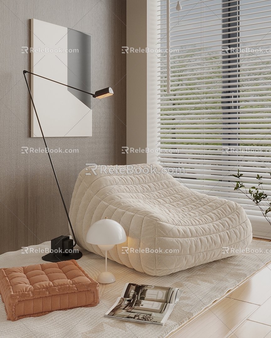 Modern Cream Style Lazy Sofa Single Person Sofa Rest Sofa Floor Lamp Hanging Picture 3d model