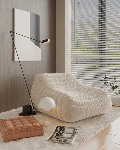 Cream Quilted Bean Bag Chair In Modern Living Room With Floor Lamp And Window Blinds 3d model