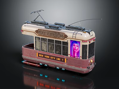 Vintage City Transit Trolley Bus New York Line 7 With Digital Screen Showing Woman 3d model