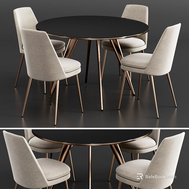 Modern Dining Table Set with Round Black Tabletop Beige Fabric Chairs and Metal Legs 3d model 