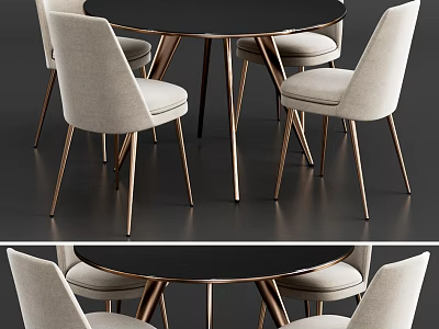 Modern Dining Table Set with Round Black Tabletop Beige Fabric Chairs and Metal Legs 3d model