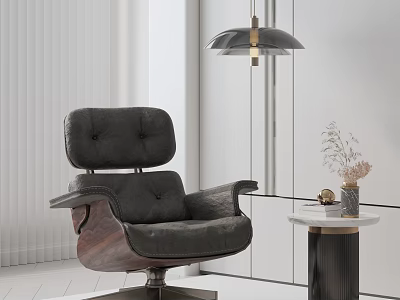 Leather Leisure Chair with Modern Swivel Base Floor Lamp and Side Table in Minimalist Interior 3d model