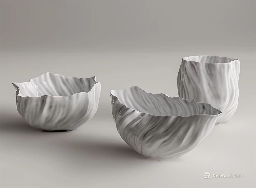 Irregular Shaped Ceramic Vessels With Wavy Edges And Wood Grain Texture 3d model 