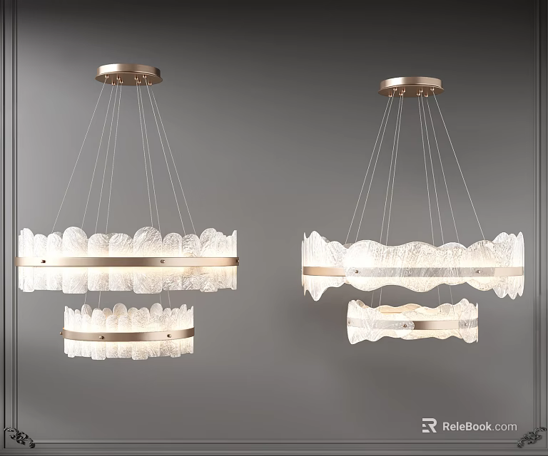 Modern Elegant Chandeliers With Golden Ceiling Base And White Leaf Pattern Shades 3d model