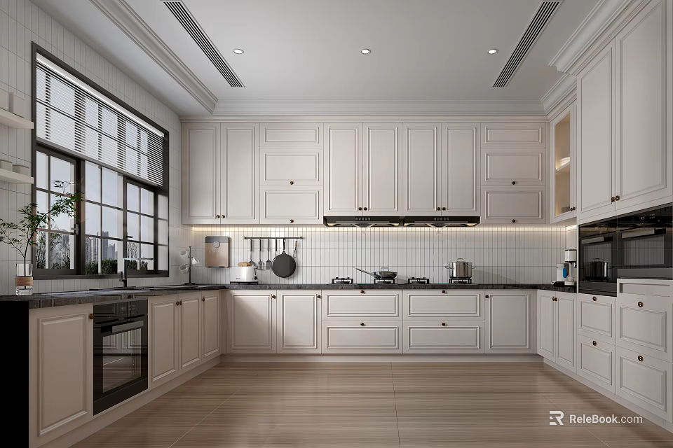 Modern Kitchen Interior Design With White Cabinets Windows And Appliances 3d model