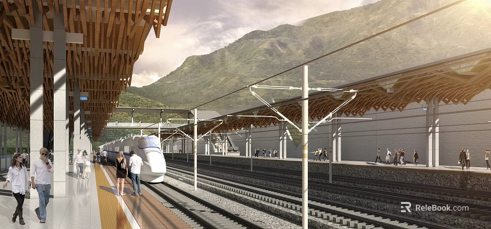 Modern High Speed Train Station Platform With Wooden Roof And Mountain Backdrop 3d model 