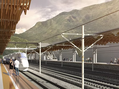 Modern High Speed Train Station Platform With Wooden Roof And Mountain Backdrop 3d model