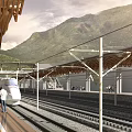 Modern High Speed Train Station Platform With Wooden Roof And Mountain Backdrop