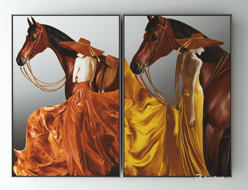 Animal Paintings with Horses and Women in Wide Brimmed Hats Orange Yellow Long Dresses 3d model 