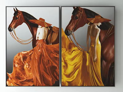 Animal Paintings with Horses and Women in Wide Brimmed Hats Orange Yellow Long Dresses 3d model