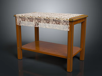 Wooden Two Tier Side Table With Patterned Tablecloth And Lower Shelf 3d model
