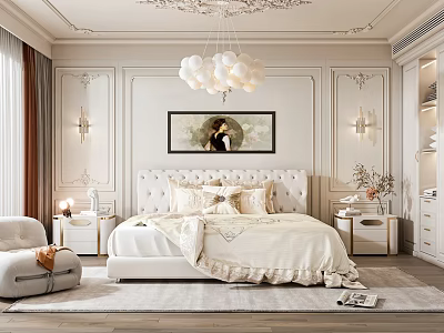 Luxurious Bedroom Interior Featuring Upholstered Bed Chandelier Wall Art Nightstands And Area Rug 3d model