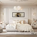 Luxurious Bedroom Interior Featuring Upholstered Bed Chandelier Wall Art Nightstands And Area Rug