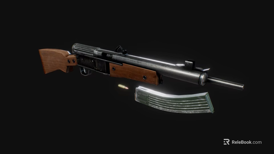 Classic Tactical Rifle With Wooden Stock Black Barrel Magazine And Bullet 3d model 