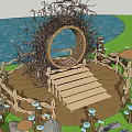 Mushroom Shaped Outdoor Chairs in Garden Scene with Stone Steps and Circular Decor