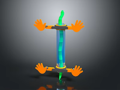 Character Creature 3D Model With Green Spiral Structure And Orange Hands 3d model