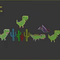 Pixel Art Green Dinosaur Characters With Different Poses Purple Creature And Cactus Plants