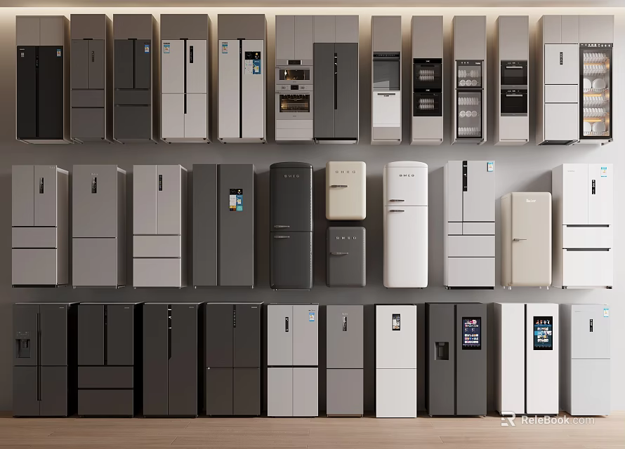 Various Modern Refrigerators and Freezers with Different Colors and Designs for Kitchen Appliances 3d model 