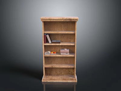 Rustic Wooden Bookshelf with Multiple Shelves Holding Books and Small Decor Items 3d model