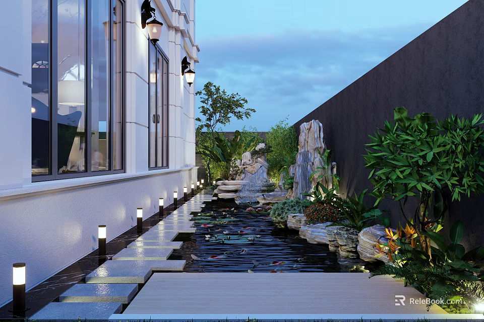 Tranquil Courtyard Garden Landscape With Water Pond Stone Path Greenery And Lighting 3d model 