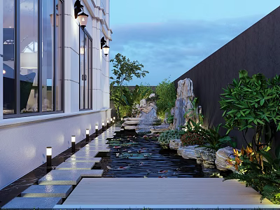 Tranquil Courtyard Garden Landscape With Water Pond Stone Path Greenery And Lighting 3d model
