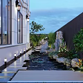 Tranquil Courtyard Garden Landscape With Water Pond Stone Path Greenery And Lighting