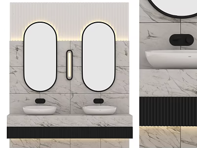 Modern Bathroom Vanity With Double Washbasins Round Mirrors And Marble Wall 3d model