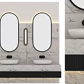 Modern Bathroom Vanity With Double Washbasins Round Mirrors And Marble Wall