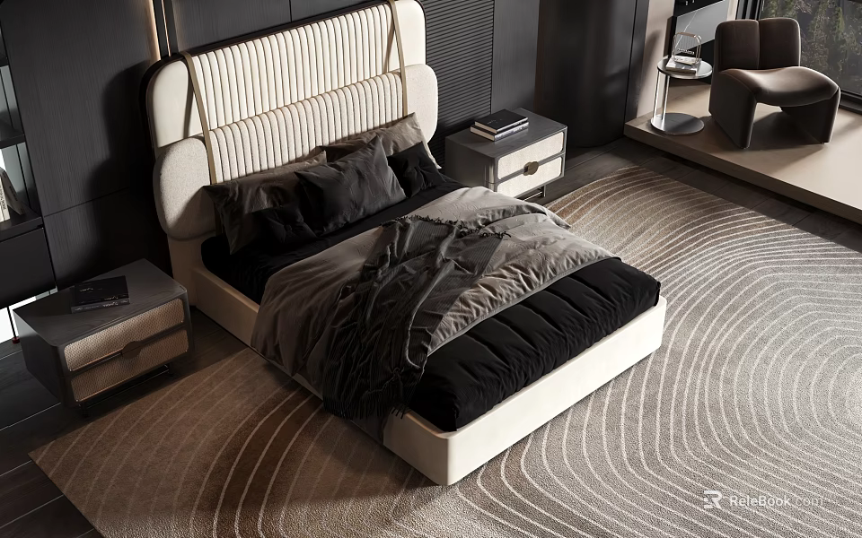 Modern Double Bed with Stitched Headboard Black Grey Bedding and Wave Pattern Rug 3d model 
