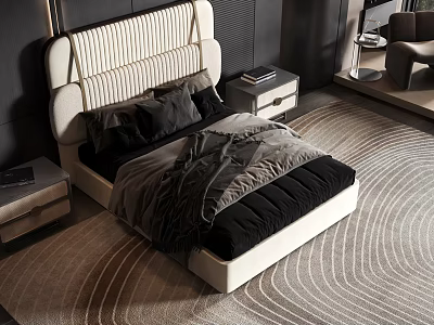 Modern Double Bed with Stitched Headboard Black Grey Bedding and Wave Pattern Rug 3d model