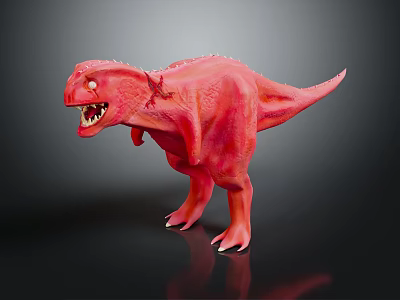 Red T-Rex Dinosaur Toy Figure with Open Mouth Sharp Teeth Standing on Black Background and Reflection 3d model