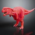 Red T-Rex Dinosaur Toy Figure with Open Mouth Sharp Teeth Standing on Black Background and Reflection
