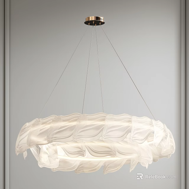Modern White Fabric Chandelier With Pleated Circular Design And Hanging Cords 3d model 