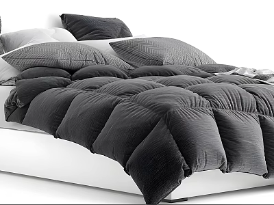 Modern Double Bed with Gray Comforter and Pillows on White Frame 3d model