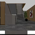 Modern Staircase With Wooden Walls Black Handrails Green Plants Red Decorative Painting And Marble Floor