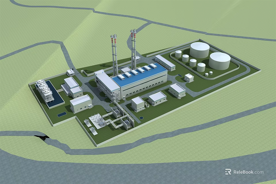Industrial Facility Layout 3D Model With Main Building Storage Tanks And Chimneys 3d model 