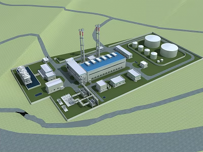 Industrial Facility Layout 3D Model With Main Building Storage Tanks And Chimneys 3d model
