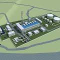 Industrial Facility Layout 3D Model With Main Building Storage Tanks And Chimneys