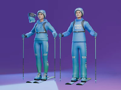 Two People Holding Ski Poles Wearing Blue Ski Suits Helmets And Skis Against Purple Background 3d model