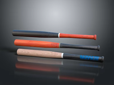 Variety of Stylish Baseball Bats in Black Red and Natural Wood for Sports Activities 3d model