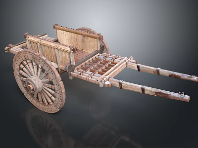 Ancient Vintage Wooden Cart With Large Spoked Wheels And Rustic Structure 3d model