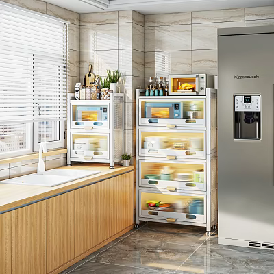 Modern Kitchen Storage Cabinet With Multi Layer Drawers Transparent Doors And Refrigerator Sink Plants 3d model
