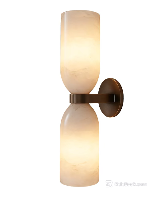Elegant Wall Sconce With Double Cylindrical Glowing Marble Shades And Bronze Bracket 3d model 