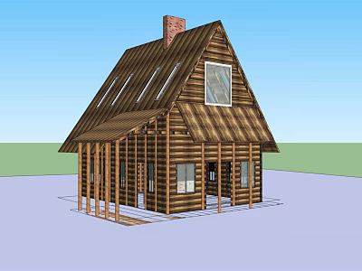 Log Residential House With Sloped Roof Skylights Brick Chimney Large Windows And Porch 3d model