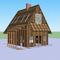 Log Residential House With Sloped Roof Skylights Brick Chimney Large Windows And Porch